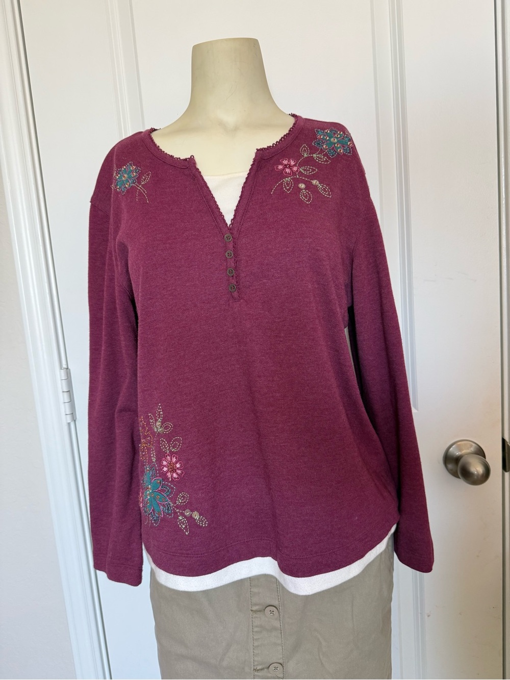 Alfred Dunner Petite Maroon Layered-Look Beaded Floral Long Sleeve Shirt